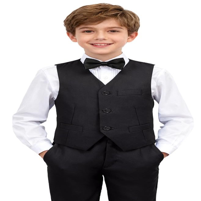 SaiLiiny Boys 4 Pieces Black Suits Slim Fit Outfits Vest Sets Formal Dresswear for Boy Suit Size 6