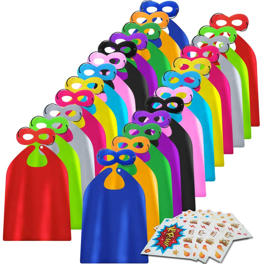 ADJOY Kids Superhero Capes and Masks 24 Sets Pack with Large Stickers - Superhero Themed Birthday Party Capes