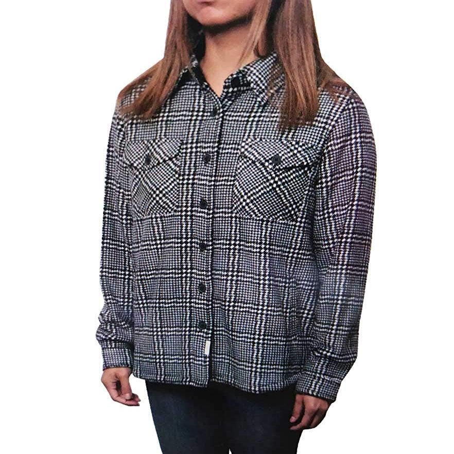 Birsppy Soho Threads Women's Sherpa-Lined Shirt Jacket, Black/White Houndstooth (Medium)