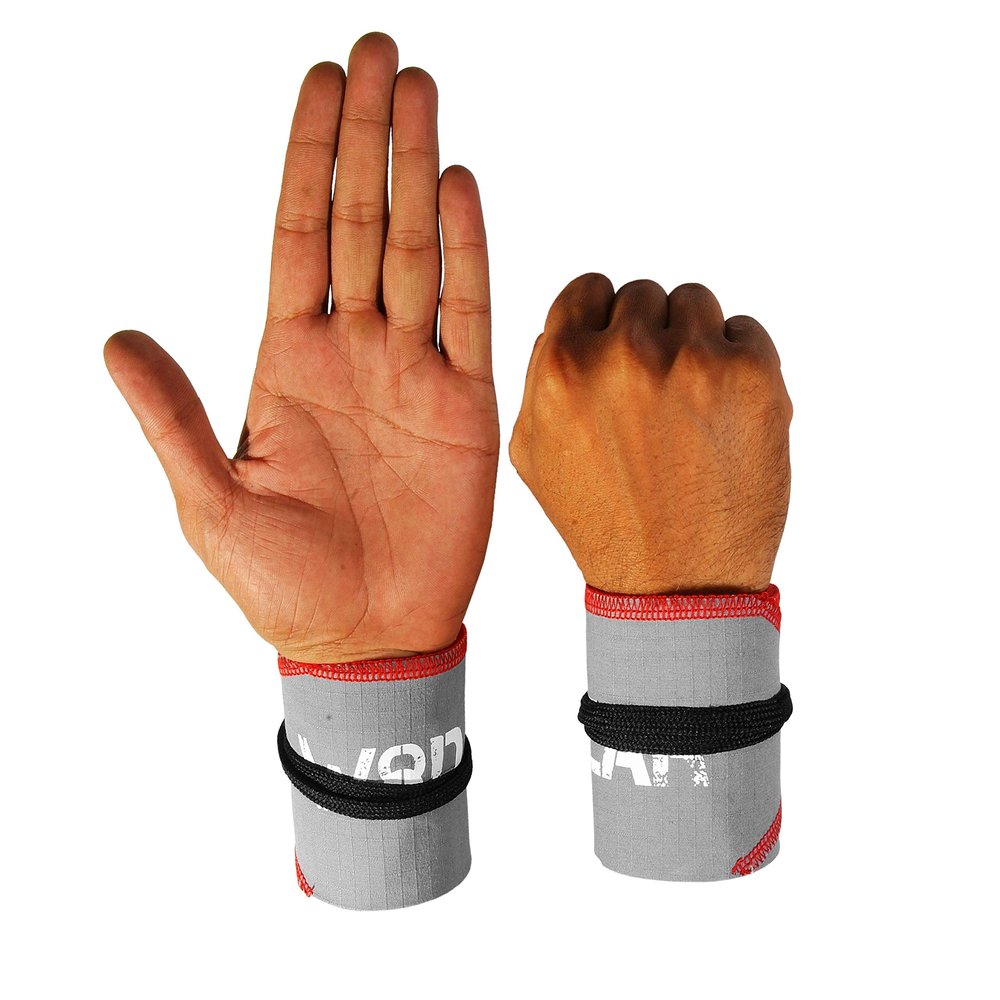 WOD Wear Wrist Wraps for Powerlifting, Strength Training, Bodybuilding, Cross Training, Olympic Weightlifting, Yoga Support - One Size Fits All (Gray/Red Stitch)