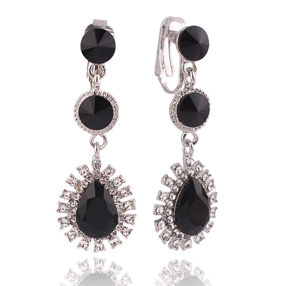 HAPPYAN High-grade Rhinestone Crystal Long Clip on Earrings No Pierced for Women Party Wedding Ear Clip (Silver-Black)