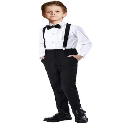 Suits for Boys 4 Piece Slim Fit Outfits Sets Black Kids Formal Dresswear Clothing with Suspender Size 2T