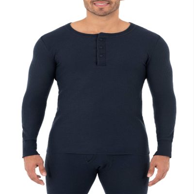 Fruit of the Loom Men's Classic Midweight Waffle Thermal Henley Top, Navy, Medium