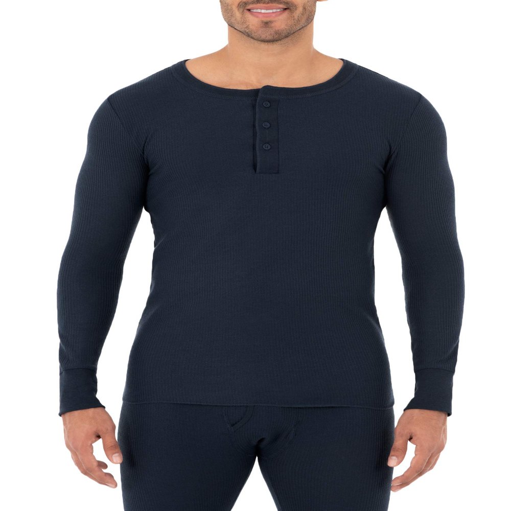 Fruit of the Loom Men's Classic Midweight Waffle Thermal Henley Top, Navy, Medium
