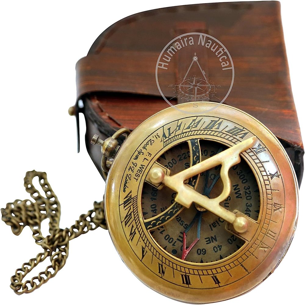 Aysha Nautical Brass Sundial Compass with Leather Case and Chain - Push Open Compass - Steampunk Accessory - Antiquated Finish - Beautiful Handmade Gift -Sundial Clock