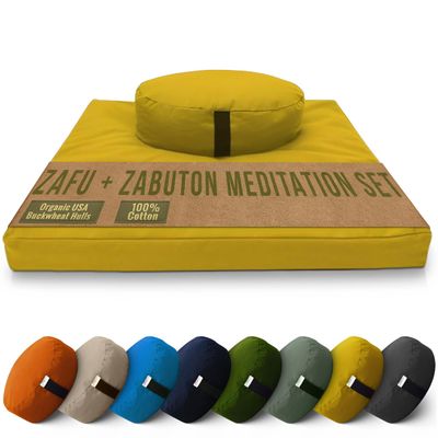 Meditation Cushion Mat Set - Large Oval Zafu Floor Pillow Organic Buckwheat Pillow + Cotton Filled Zabuton Prayer Pad - Meditation Pillow Yoga Knee Pad - Made in USA - 18" Oval, SAFFRON Cotton