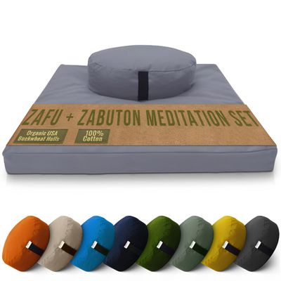 Meditation Cushion Mat Set - Large Oval Zafu Floor Pillow Organic Buckwheat Pillow + Cotton Filled Zabuton Prayer Pad - Meditation Pillow Yoga Knee Pad - Made in USA - 18" Oval, STONE GRAY Cotton