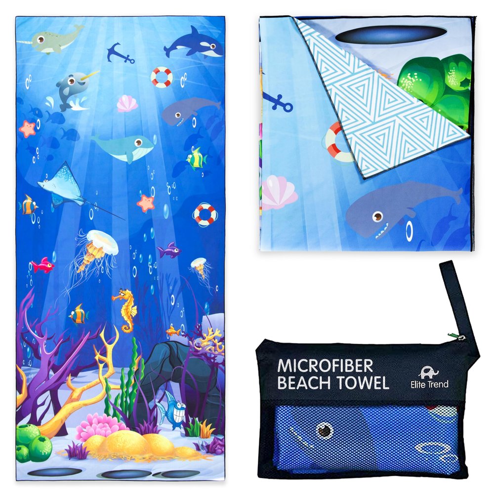 Elite Trend Microfiber Beach Towel for Adults with Bag - Extra Large 78x35 inch Lightweight Sand Free Quick Dry Towel for Travel, Swimming, Yoga, Camping (Sea Animal)
