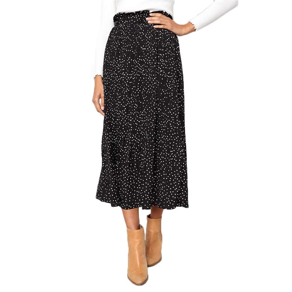 Exlura Womens High Waist Polka Dot Pleated Skirt Midi Swing Skirt with Pockets Black XX-Large
