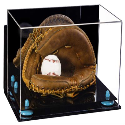 Better Display Cases Acrylic Baseball Catchers Glove Display Case with Mirror, Wall Mount and Blue Risers (A011/V16)