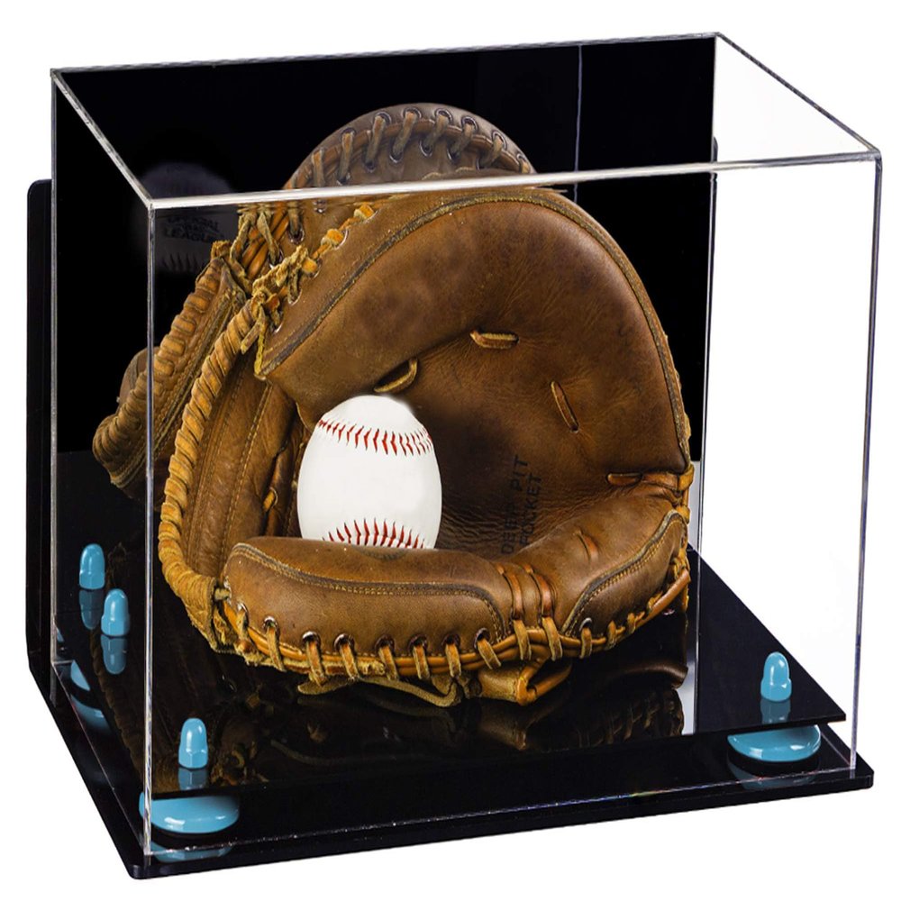 Better Display Cases Acrylic Baseball Catchers Glove Display Case with Mirror, Wall Mount and Blue Risers (A011/V16)