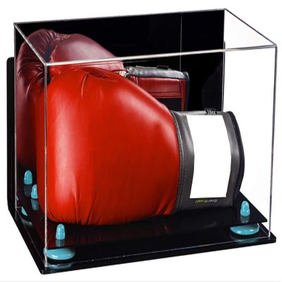 Better Display Cases Acrylic Single or Double Boxing Glove Display Case with Mirror, Wall Mount and Light Blue Risers (A011-BLR)