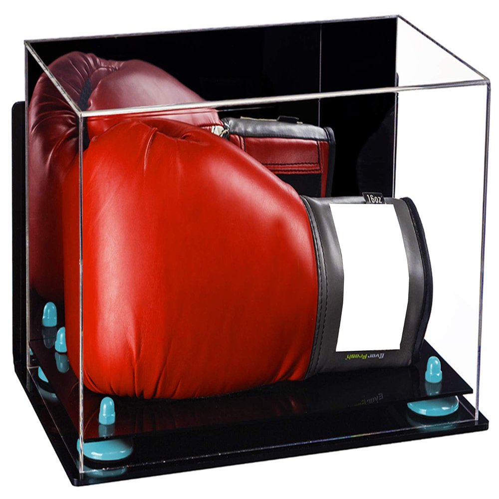 Better Display Cases Acrylic Single or Double Boxing Glove Display Case with Mirror, Wall Mount and Light Blue Risers (A011-BLR)