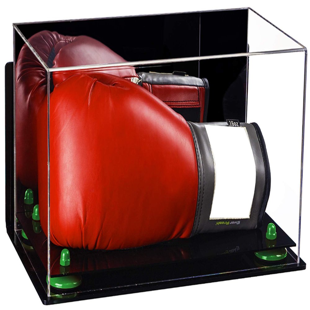 Better Display Cases Acrylic Single or Double Boxing Glove Display Case with Mirror, Wall Mount and Green Risers (A011-GRR)