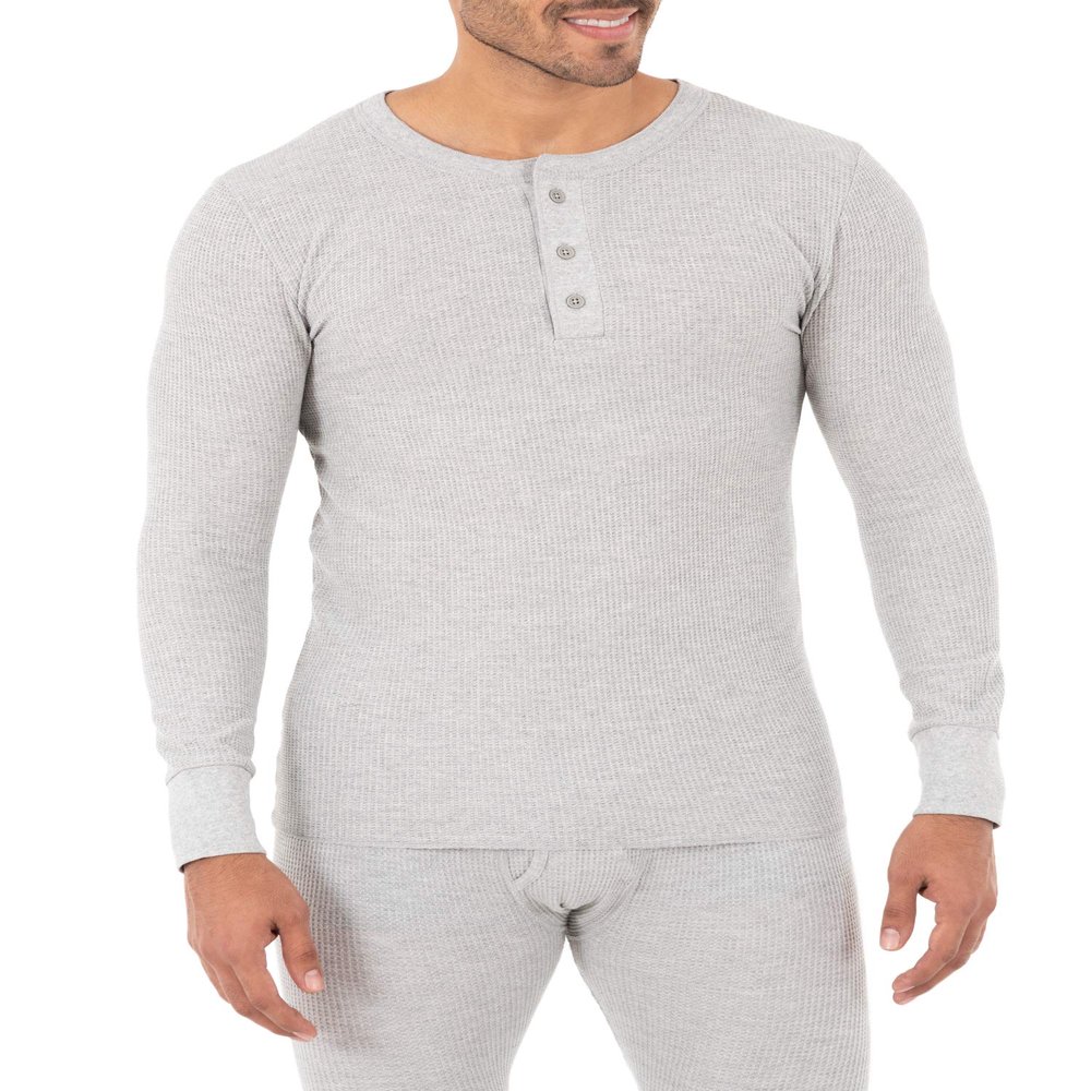 Fruit of the Loom Men's Classic Midweight Waffle Thermal Henley Top, Grey Heather, Medium