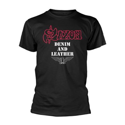 Saxon T Shirt Denim And Leather Band Logo Official Mens Black Size M