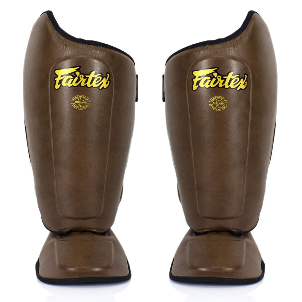 Fairtex SP8 Muay Thai Shin Guards for Men, Women, Kids | Shin Guards Made with Syntek Leather & are Premium, Lightweight & Durable | Expanded Side Protection (Brown/Extra Large)