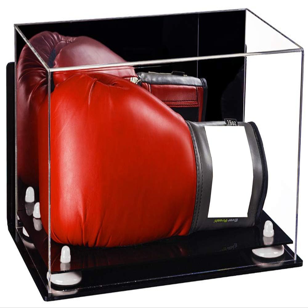 Better Display Cases Acrylic Single or Double Boxing Glove Display Case with Mirror, Wall Mount and White Risers (A011-WR)