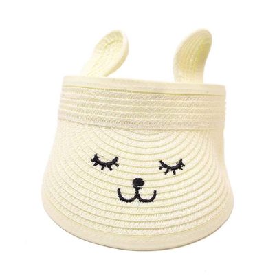 Folderable Toddler Straw Braided Sun Hats for Girls- Cat Embroider Kids Toddler Beach Visor (Beige)