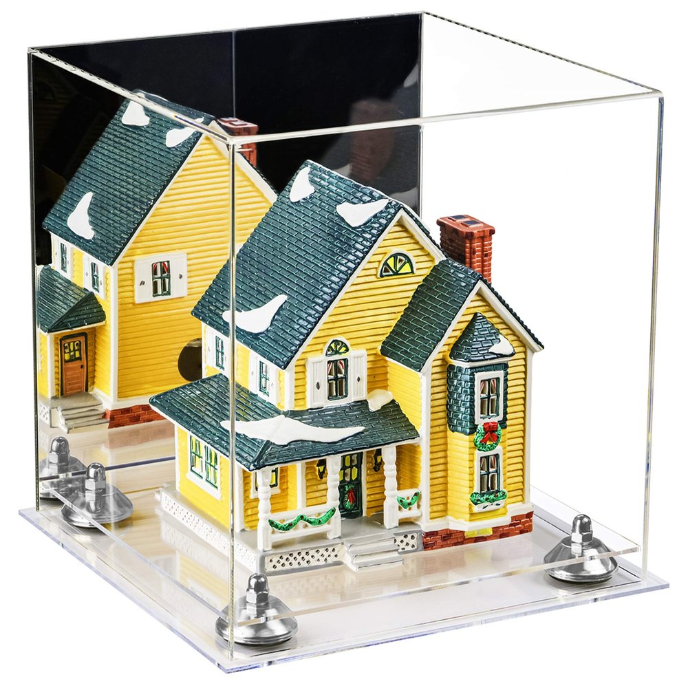 Better Display Cases Versatile Acrylic Display Case - Medium Square Box with Mirror, Silver Risers and Clear Base 11" x 11" x 11" (A001-SR)