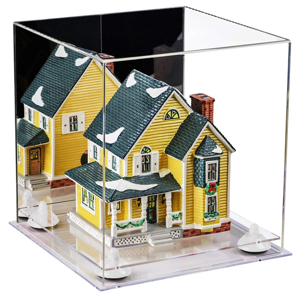 Better Display Cases Versatile Acrylic Display Case - Medium Square Box with Mirror, White Risers and Clear Base 11" x 11" x 11" (A001-WR)