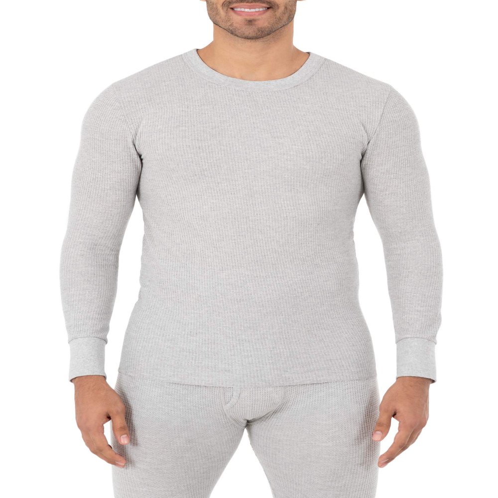 Fruit of the Loom Men's Classic Midweight Waffle Thermal Underwear Crew Top (1 & 2 Packs), Grey Heather, Large