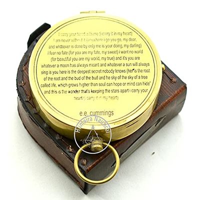 Aysha Nautical Vintage Brass Compass with Handmade Leather Case/E.E. Cummings Directional Magnetic Compass for Navigation/Push Button Pocket Compass