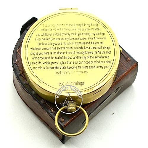 Aysha Nautical Vintage Brass Compass with Handmade Leather Case/E.E. Cummings Directional Magnetic Compass for Navigation/Push Button Pocket Compass