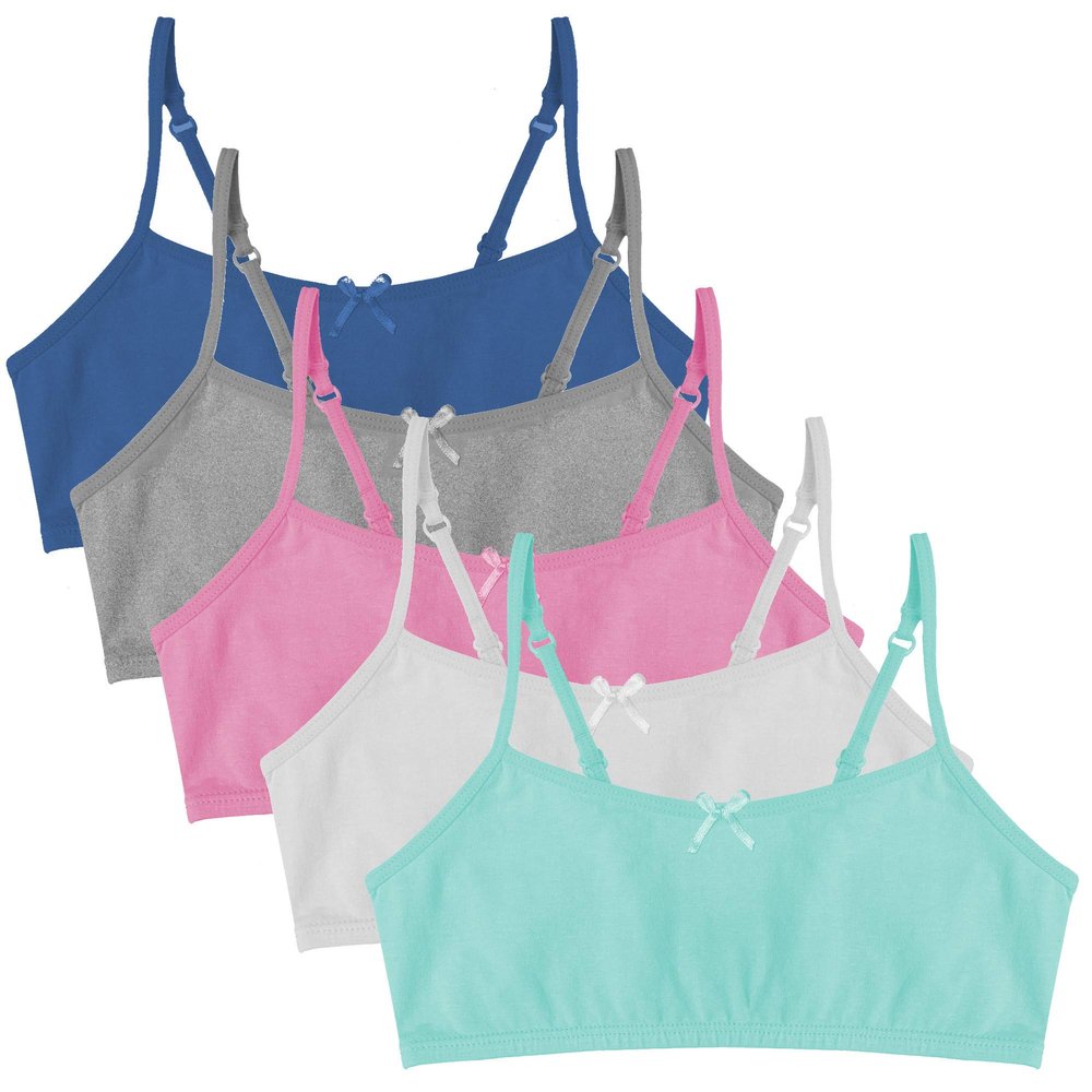 Popular Cotton Girls Training Bra - Crop Cami Training Bras for Girls w Adjustable Straps. Bra Pack 5 PK Brights 14