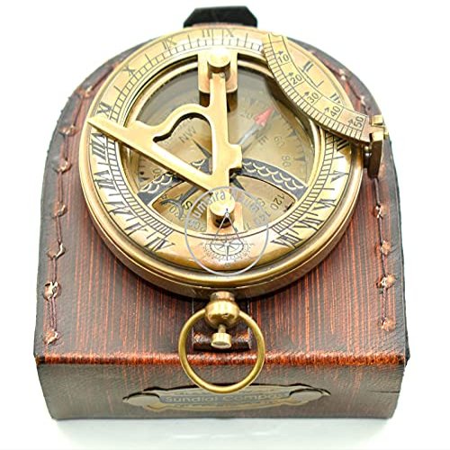 Aysha Nautical Gifts for Husband/Nautical Collectibles Brass Sundial Compass with Handmade Leather Case