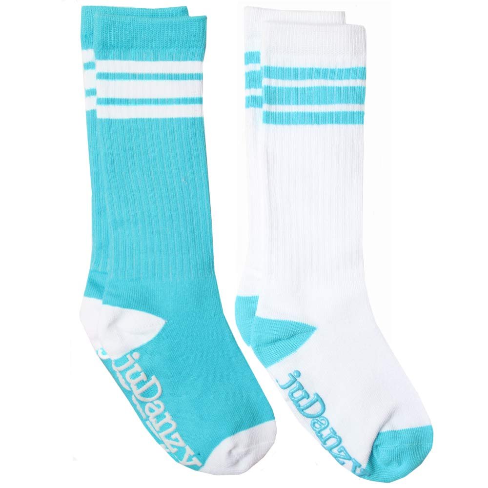 juDanzy knee high team color tube socks for toddler and youth boys and girls (2 Pack) (Youth Large/Adult Small (Shoe Size 5-9) - NO GRIP, Turquoise)
