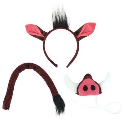 Squirrel Products Warthog Headband Ears, Snout, and Tail Costume Accessory Set - Fits Adults and Kids