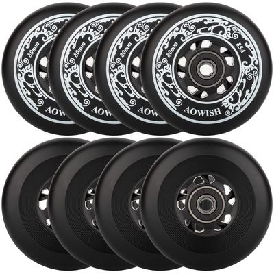 AOWISH Inline Skate Wheels 85A Outdoor Asphalt Formula Hockey Roller Blades Replacement Wheel with Bearings ABEC-9 and Floating Spacers (8-pack) (Black, 76mm)