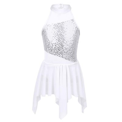 Agoky Kids Girls' Sequins Lyrical Ballet Modern Contemporary Dance Dresses Latin Athletic Tutu Dresses Dancing Costume White 5-6