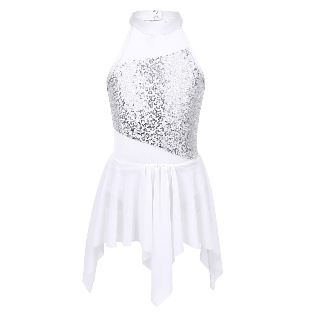 Agoky Kids Girls' Sequins Lyrical Ballet Modern Contemporary Dance Dresses Latin Athletic Tutu Dresses Dancing Costume White 5-6