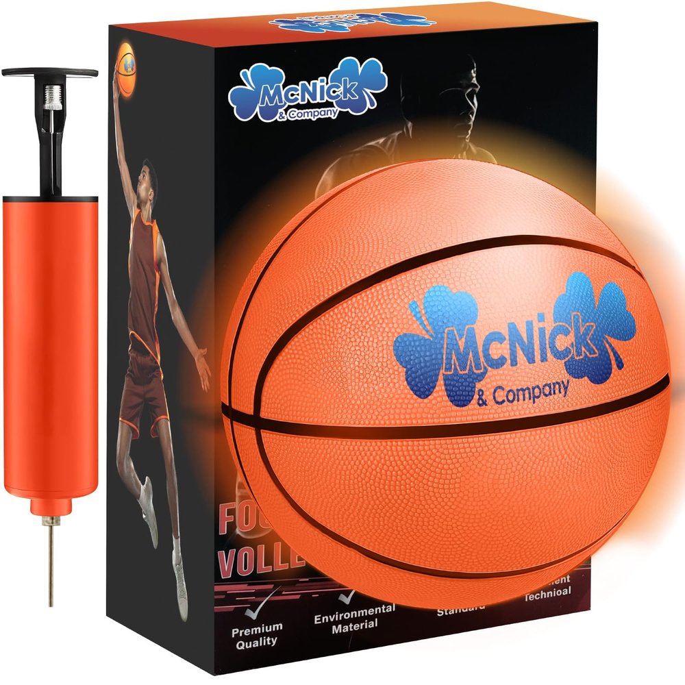 McNick Glow in The Dark Indoor Basketball Hoop, Door Hoop with Pump, Mini Hoops for Kids, Cool Room Decor (LED Glow Basket Ball)