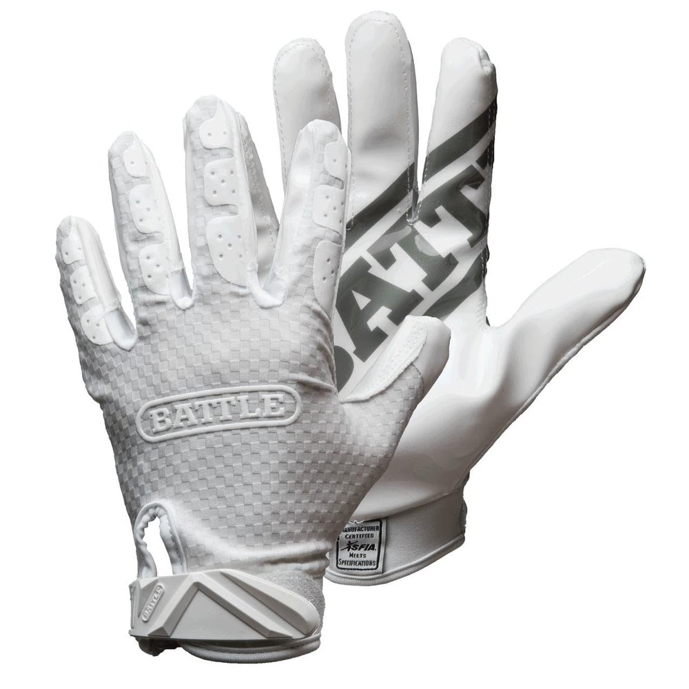 Battle Sports Triple Threat Wide Receiver Football Gloves, Ultra Stick Adult & Youth Gloves - Youth Medium, White