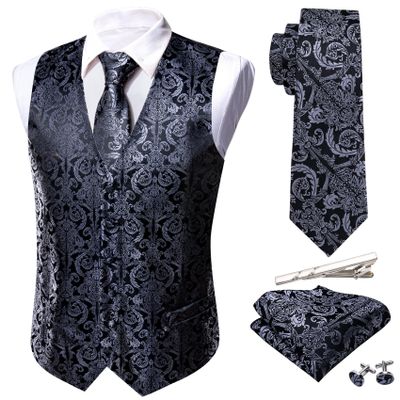 Barry.Wang Black Grey Dress Suit Vest for Men Silk Business Tie Handkerchief Cufflink Waistcoat Formal Tuxedo 5PCS