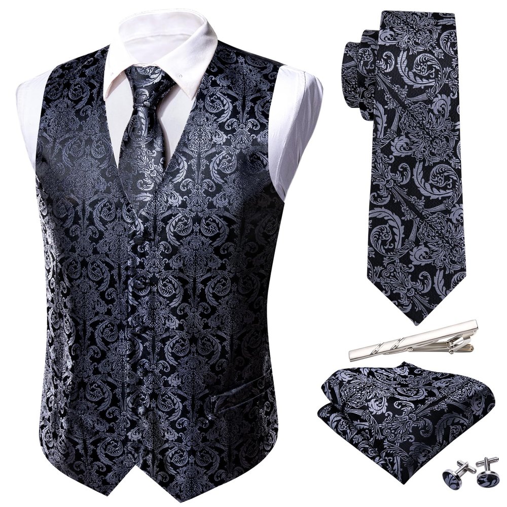 Barry.Wang Black Grey Dress Suit Vest for Men Silk Business Tie Handkerchief Cufflink Waistcoat Formal Tuxedo 5PCS