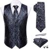 Barry.Wang Black Grey Dress Suit Vest for Men Silk Business Tie Handkerchief Cufflink Waistcoat Formal Tuxedo 5PCS view 2
