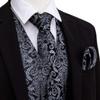 Barry.Wang Black Grey Dress Suit Vest for Men Silk Business Tie Handkerchief Cufflink Waistcoat Formal Tuxedo 5PCS view 3