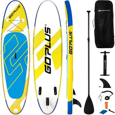Goplus Inflatable Stand Up Paddle Board, 10FT/10.5FT/11FT SUP with Accessory Pack, Adjustable Paddle, Carry Bag, Fin, Hand Pump, Leash, Repair Kit (Yellow+Blue, 11 FT)