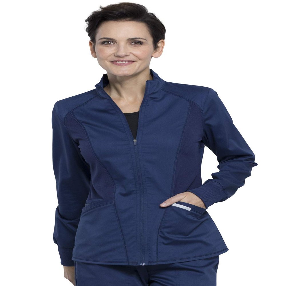 Cherokee Scrub Jacket for Women Zip Front High-Low Medical Uniform, 3 Pockets, Mesh Detail, Ultra Soft 2-Way Stretch Plus Size - WW301, 4XL, Navy
