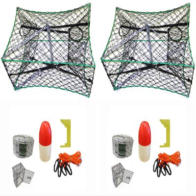 2-Pack of KUFA Galvanized Foldable Crab Trap & Accessory Kit (5/16" x100' Non-Lead Sinking Line, Caliper,Harness,Bait Case & 14" Red/White Float) (S33+CEM3) x2