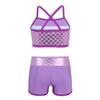 Moily Kids Girls Mermaid 2 Pcs Tankini Metallic Criss Cross Back Crop Top with Booty Shorts Dance/Party Set Lavender 12 view 2