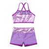 Moily Kids Girls Mermaid 2 Pcs Tankini Metallic Criss Cross Back Crop Top with Booty Shorts Dance/Party Set Lavender 12 view 3
