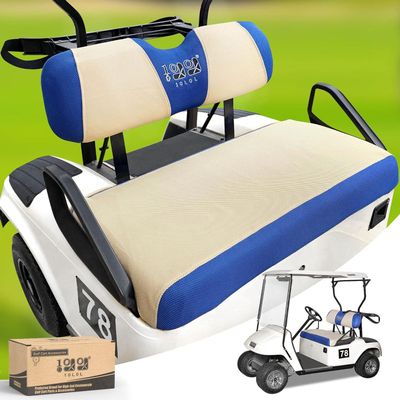 10L0L Golf Cart Seat Covers Kit - Universal Fit for EZGO TXT/RXV Front Seats | Breathable Mesh Fabric | Easy Installation | Beige & Blue (No Staples Required)
