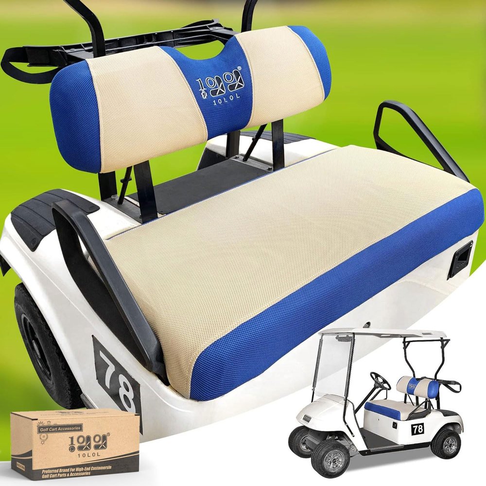 10L0L Golf Cart Seat Covers Kit - Universal Fit for EZGO TXT/RXV Front Seats | Breathable Mesh Fabric | Easy Installation | Beige & Blue (No Staples Required)