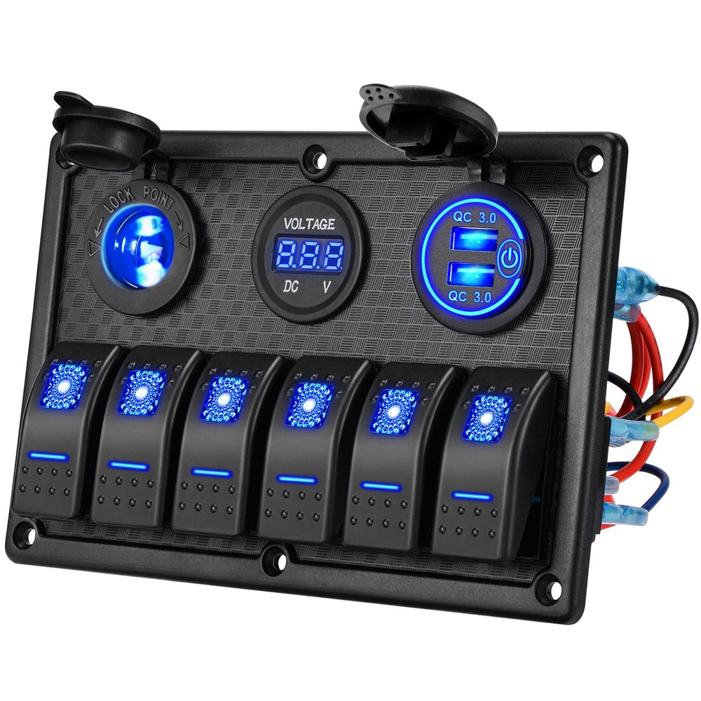 Kohree 6 Gang Marine Boat Rocker Switch Panel Waterproof + USB Switch, 12 Volt RV Led Switch Panel for Marine Boat Car Truck, Digital Voltmeter Display QC3.0 Dual USB Charger Port DC 12V Socket 12/24V