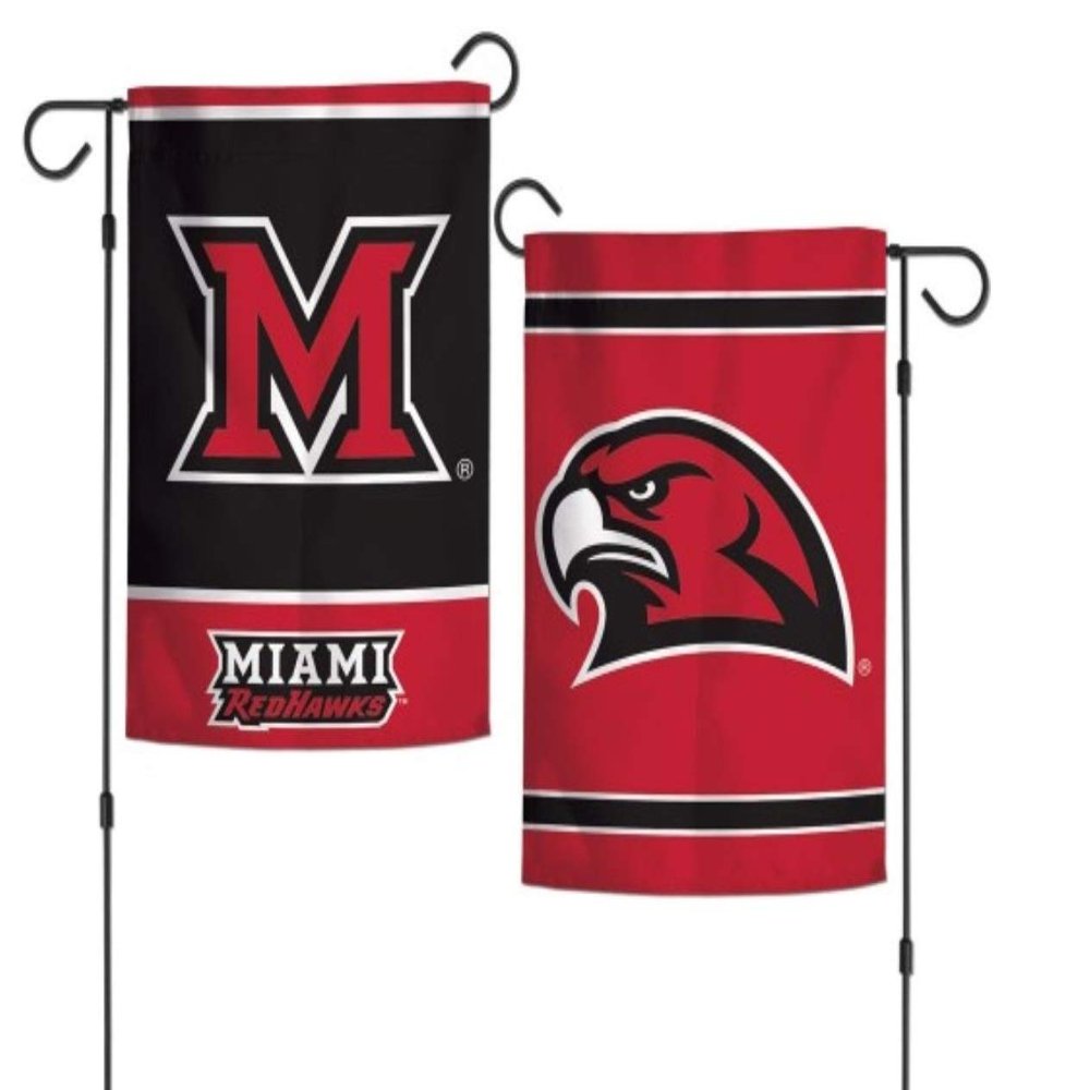 College Garden Flag Set With Stand, Printed in the USA, 12.5" x 18" College Flag With Three Piece Steel Yard Flag Stand Holder (Miami (Ohio))